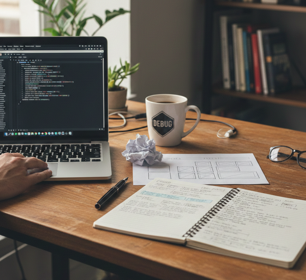 Developer workspace with code on screen and wireframe sketches